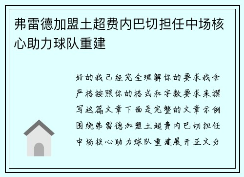 弗雷德加盟土超费内巴切担任中场核心助力球队重建